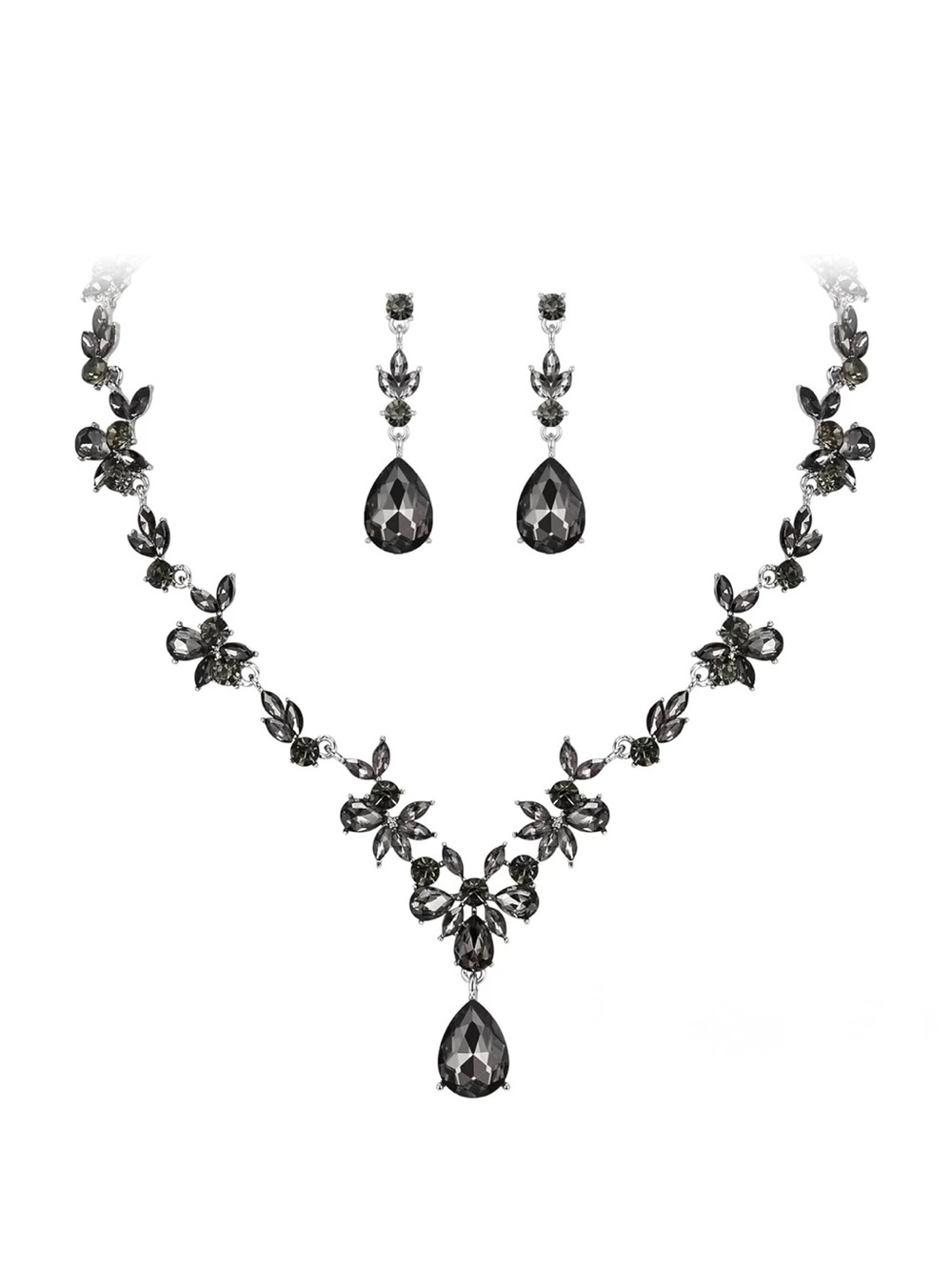 NWT EleQueen Rhinestone Crystal Floral Pendant Necklace & Dangle Earrings, Black